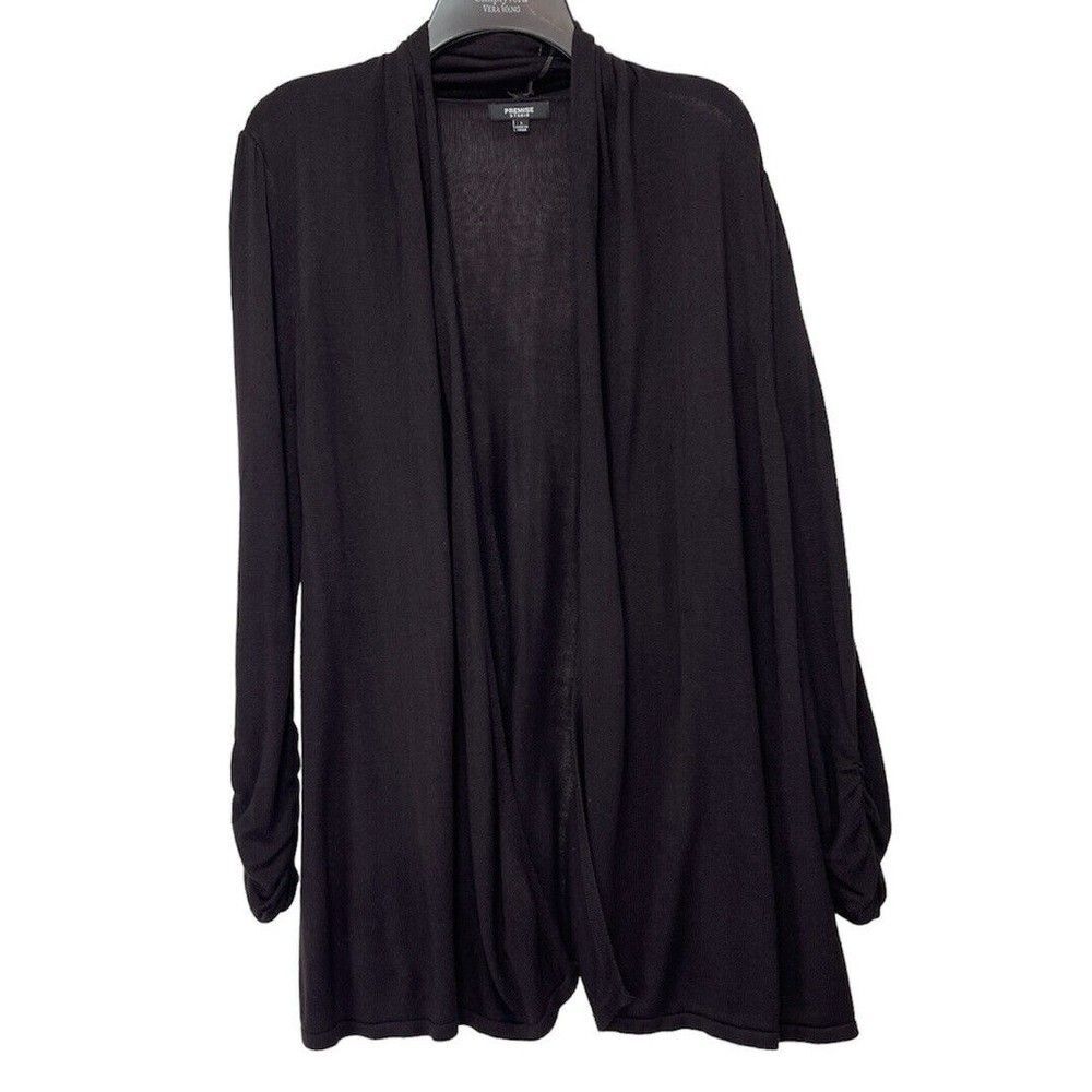 Premise Studio Women Cardigan L Brown Open Ruched Sleeve Cardigan Sweater